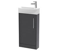 Hudson Reed JNU2221L Juno Compact Modern Cloakroom Floor Standing 1-Door Unit with 1 Tap Hole Left Hand Basin, 440mm, Woodgrain Graphite Grey