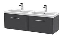 Hudson Reed Juno Woodgrain Wall Hung 2 Drawer Vanity Unit and Twin Polymarble Basins | Graphite Grey | MDF | 1200mm