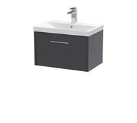 Hudson Reed Juno Wall Hung 1-Drawer Vanity And Thin-Edge 1 Tap Hole Basin, Modern Sink Vanity Unit, Graphite Grey Woodgrain