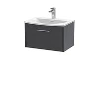 Hudson Reed JNU2222G Juno Modern Bathroom Wall Hung Single Drawer Vanity with Curved Ceramic Basin, 600mm, Woodgrain Graphite Grey