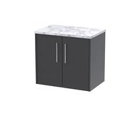 Hudson Reed JNU2223LCM Juno Modern Bathroom Wall Hung 2 Door Vanity Unit and Carrera Marble Laminate Worktop, 600mm, Graphite Grey Woodgrain