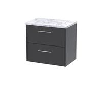 Hudson Reed JNU2224LCM Juno Modern Bathroom Wall Hung 2 Drawer Vanity Unit and Carrera Marble Laminate Worktop, 600mm, Graphite Grey Woodgrain