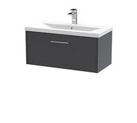 Hudson Reed JNU2225A Juno Modern Bathroom Wall Hung Single Drawer Vanity with Mid-Edge Ceramic Basin, 800mm, Woodgrain Graphite Grey