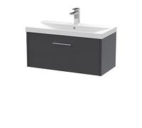 Hudson Reed JNU2225D Juno Modern Bathroom Wall Hung Single Drawer Vanity with Thin-Edge Ceramic Basin, 800mm, Woodgrain Graphite Grey