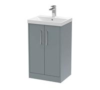 Hudson Reed JNU2301D Juno Modern Bathroom Floor Standing 2-Door Vanity with Thin-Edge Ceramic Basin, 500mm, Matt Coastal Grey