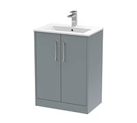 Hudson Reed JNU2303B Juno Modern Bathroom Floor Standing 2-Door Vanity with Minimalist Ceramic Basin, 600mm, Matt Coastal Grey