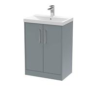 Hudson Reed JNU2303D Juno Modern Bathroom Floor Standing 2-Door Vanity with Thin-Edge Ceramic Basin, 600mm, Matt Coastal Grey