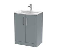 Hudson Reed JNU2303G Juno Modern Bathroom Floor Standing 2-Door Vanity with Curved Ceramic Basin, 600mm, Matt Coastal Grey