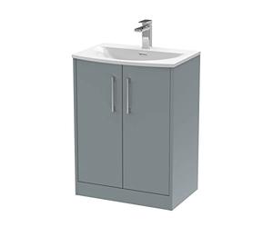 Hudson Reed JNU2303G Juno Modern Bathroom Floor Standing 2-Door Vanity with Curved Ceramic Basin, 600mm, Matt Coastal Grey