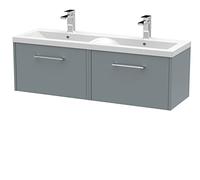 Hudson Reed Juno Matt Wall Hung 2 Drawer Vanity Unit and Twin Ceramic Basins | Coastal Grey | MDF | 1200mm
