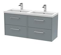 Hudson Reed JNU2324C Juno Modern Bathroom Wall Hung 4-Drawer Vanity with Polymarble Double Basin, 1200mm, Matt Coastal Grey