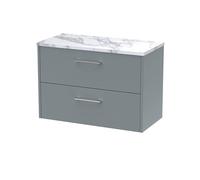 Nuie Hudson Reed Juno Wall Hung 2-Drawer Vanity Unit & Carrera Marble Worktop, Stylish Countertop Basin Unit In Coastal Grey, 800mm