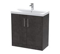 Hudson Reed JNU2605D Juno Modern Bathroom Floor Standing 2 Door Vanity Basin Unit & Thin-Edge Ceramic Basin, 800mm, Matt Metallic Slate