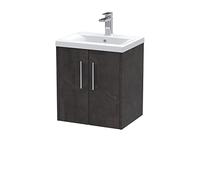 Hudson Reed JNU2621A Juno Modern Bathroom Wall Hung 2 Door Vanity Basin Unit & Mid-Edge Ceramic Basin, 500mm, Matt Metallic Slate