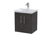 Hudson Reed JNU2621D Juno Modern Bathroom Wall Hung 2 Door Vanity Basin Unit & Thin-Edge Ceramic Basin, 500mm, Matt Metallic Slate