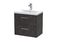 Hudson Reed JNU2624A Juno Modern Bathroom Wall Hung 2 Drawer Vanity Basin Unit & Mid-Edge Ceramic Basin, 600mm, Matt Metallic Slate