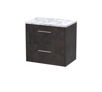 Hudson Reed JNU2624LCM Juno Modern Bathroom Wall Hung 2 Soft Close Drawer Vanity Unit and Carrera Marble Laminate Worktop, 600mm, Metallic Slate
