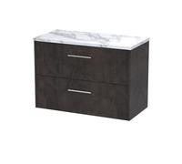 Hudson Reed JNU2626LCM Juno Modern Bathroom Wall Hung 2 Soft Close Drawer Vanity Unit and Carrera Marble Laminate Worktop, 800mm, Metallic Slate