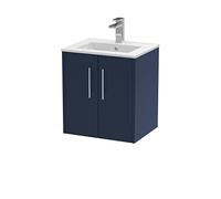 Hudson Reed JNU2921B Juno Modern Bathroom Wall Hung 2 Soft Close Door Vanity Unit and Minimalist Basin, 500mm, Midnight Blue