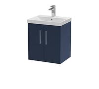 Hudson Reed JNU2921D Juno Modern Bathroom Wall Hung 2 Soft Close Door Vanity Unit and Thin-Edge Basin, 500mm, Midnight Blue