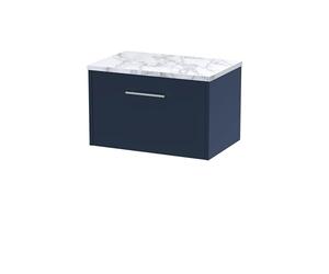 Hudson Reed JNU2922LCM Juno Modern Bathroom Wall Hung Single Soft Close Drawer Vanity Unit and Carrera Marble Laminate Worktop, 600mm, Midnight Blue