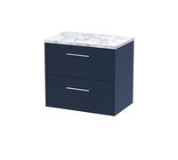 Hudson Reed JNU2924LCM Juno Modern Bathroom Wall Hung 2 Soft Close Drawer Vanity Unit and Carrera Marble Laminate Worktop, 600mm, Midnight Blue