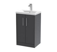 Hudson Reed Juno 500mm Graphite Grey Woodgrain Floor Standing 2-Door Vanity Unit With 1 Tap Hole Bas-Graphite Grey Woodgrain