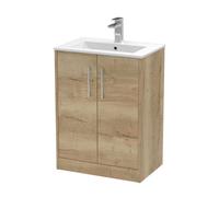 Hudson Reed JNU1803B Juno Modern Bathroom Floor Standing 2-Door Vanity with Minimalist Ceramic Basin, 600mm, Woodgrain Autumn Oak