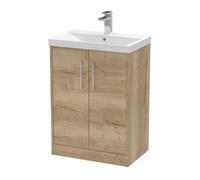 Hudson Reed JNU1803D Juno Modern Bathroom Floor Standing 2-Door Vanity with Thin-Edge Ceramic Basin, 600mm, Woodgrain Autumn Oak