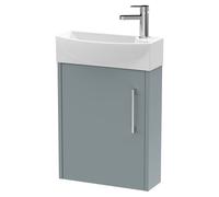 Hudson Reed Juno Compact Matt Wall Hung Single Door Vanity Unit and Left Hand Curved Ceramic Basin | Coastal Grey | MDF | 440mm