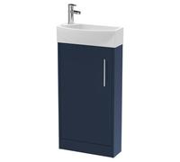 Hudson Reed Juno Compact Satin Single Door Vanity Unit and Right Hand Curved Ceramic Basin | Midnight Blue | MFC | 440mm