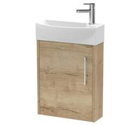 Hudson Reed JNU1861L Juno Compact Modern Cloakroom Wall Hung 1-Door Unit with 1 Tap Hole Left Hand Basin, 440mm, Woodgrain Autumn Oak