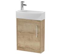 Hudson Reed JNU1861R Juno Compact Modern Cloakroom Wall Hung 1-Door Unit with 1 Tap Hole Right Hand Basin, 440mm, Woodgrain Autumn Oak
