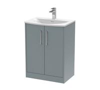 Hudson Reed Juno Floor Standing 2-Door Vanity & Curved 1 Tap Hole Basin, Timeless Sink Vanity Unit, Coastal Grey