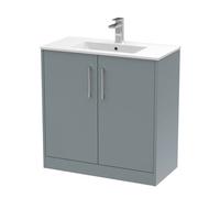 Hudson Reed Juno Floor Standing 2-Door Vanity & Minimalist 1 Tap Hole Basin, Timeless Sink Vanity Unit, Coastal Grey