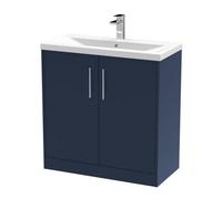 Hudson Reed Juno Satin 2 Door Vanity Unit and Mid Edge Ceramic Basin | Midnight Blue | MFC | 800mm
