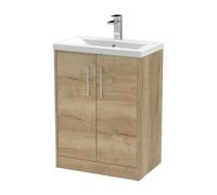 Hudson Reed Juno Floor Standing 2 Soft Close Door Vanity Unit With Mid-Edge 1 Tap Hole Basin In Autumn Oak Finish, 600mm