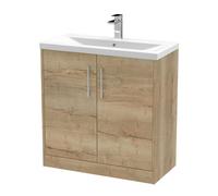 Hudson Reed JNU1805A Juno Modern Bathroom Floor Standing 2-Door Vanity with Mid-Edge Ceramic Basin, 800mm, Woodgrain Autumn Oak