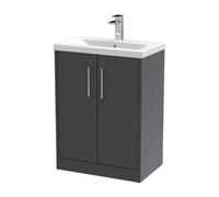Hudson Reed Juno Woodgrain Floor Standing 2 Door Vanity Unit and Mid Edge Ceramic Basin | Graphite Grey | MDF | 600mm