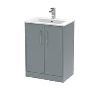 Hudson Reed JNU2303B Juno Modern Bathroom Floor Standing 2-Door Vanity with Minimalist Ceramic Basin, 600mm, Matt Coastal Grey