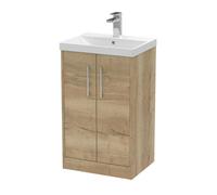Hudson Reed Juno Woodgrain Floor Standing 2 Door Vanity Unit and Thin Edge Ceramic Basin | Autumn Oak | MDF | 500mm