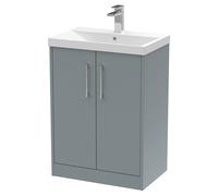 Hudson Reed Juno Matt Floor Standing 2 Door Vanity Unit and Thin Edge Ceramic Basin | Coastal Grey | MDF | 600mm