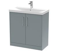 Hudson Reed Juno Floor Standing 2-Door Vanity & Thin-Edge 1 Tap Hole Basin, Timeless Sink Vanity Unit, Coastal Grey