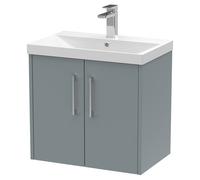 Hudson Reed Juno Matt Wall Hung 2 Door Vanity Unit and Thin Edge Ceramic Basin | Coastal Grey | MDF | 600mm