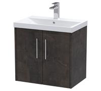Hudson Reed JNU2623D Juno Modern Bathroom Wall Hung 2 Door Vanity Basin Unit & Thin-Edge Ceramic Basin, 600mm, Matt Metallic Slate