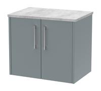 Hudson Reed Juno Matt Wall Hung 2 Door Vanity Unit with Bellato Grey Worktop | Coastal Grey | MDF | 600mm