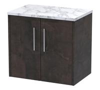 Hudson Reed Juno Matt Wall Hung 2 Door Vanity Unit with Carrera Marble Worktop | Metallic Slate | MFC | 600mm