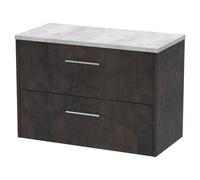 Hudson Reed Juno Matt Wall Hung 2 Drawer Vanity Unit with Bellato Grey Worktop | Metallic Slate | MFC | 800mm