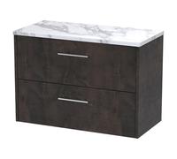 Hudson Reed Juno Matt Wall Hung 2 Drawer Vanity Unit with Carrera Marble Worktop | Metallic Slate | MFC | 800mm