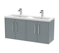 Hudson Reed Juno Matt Wall Hung 4 Door Vanity Unit and Twin Ceramic Basins | Coastal Grey | MDF | 1200mm